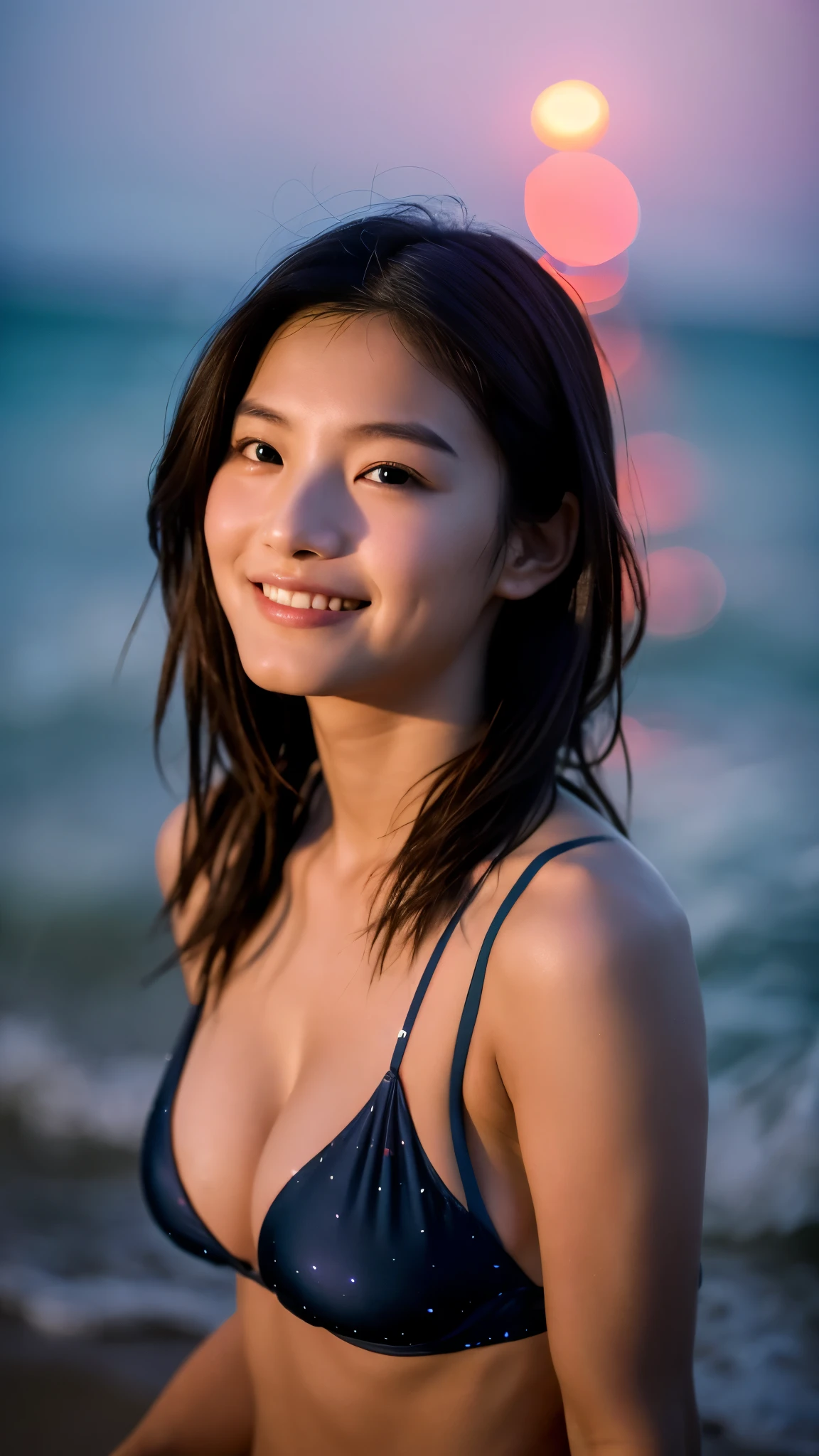 1girl, 20 years old, Smiling Kindly、((leica 50 mm prime lens, cinestill 800T film))、((cinematic lighting))、(Cleavage)、bikini、(((Beautiful starry sky on the beach at night)))、((Very dim lighting))、((Don't expose your face to the light))、((Long-distance shot))、(High quality indistinguishable from live-action)、RAW Photos、Genuine、live-action、(Artistic Expression)、High resolution、masterpiece