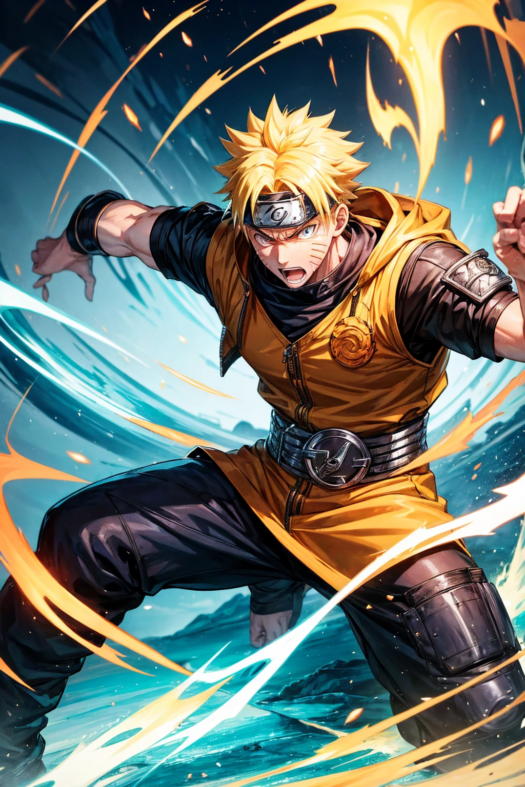 Create an image featuring Naruto Uzumaki from Naruto, performing his signature Rasengan attack. He should be in a dynamic pose, with his arm extended and the swirling blue energy of the Rasengan glowing brightly in his hand. His expression should be fierce and determined, capturing his fighting spirit. The background should show a battle-scarred landscape, with dust and debris adding to the action-packed atmosphere.