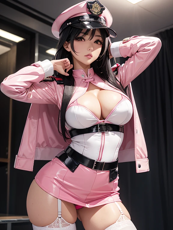 Photorealistic, high resolution, A Japanese Police woman named Kimmi, solo, heavy makeup, Hips up, (Detailed face), Black hair, Long hair. White leather jacket opened to reveal red and black corset and Pink lace Panties , pink micro skirt, Ripped Stockings. Fully clothed Pink Police Hat.