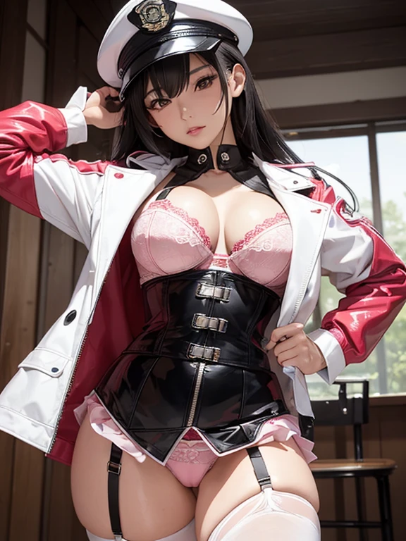 Photorealistic, high resolution, A Japanese Police woman named Kimmi, solo, heavy makeup, Hips up, (Detailed face), Black hair, Long hair. White leather jacket opened to reveal red and black corset and Pink lace , pink micro skirt, Ripped Stockings. Fully clothed Pink Police Hat.