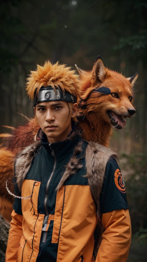 ((masterpiece,best quality)), Generate an image of Naruto Uzumaki standing confidently with Kurama, the Nine-Tailed Fox, behind him. Naruto should be wearing his classic orange and blue outfit, and his expression should be serious and focused. Kurama should appear fierce and protective, with its red fur and menacing eyes. The background should be a dark, mystical environment to highlight their powerful presence.", detailed face, detailed eye, detailed finggers, detailed hand, relistic, cinematic, 4k