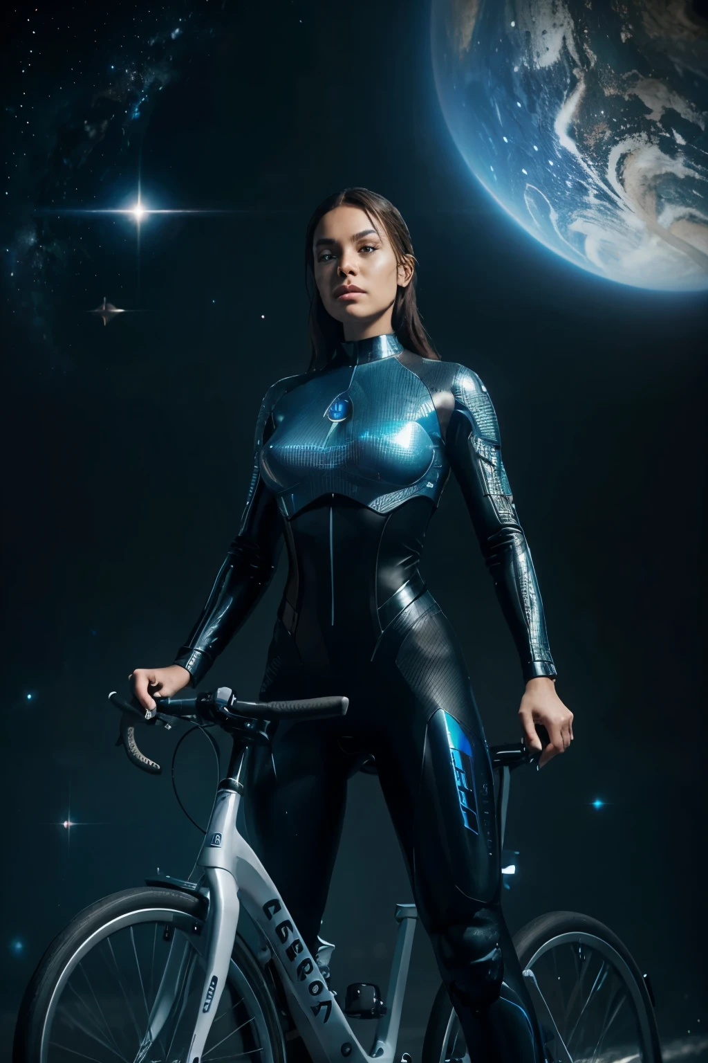 Attractive cyborg, aesthetic space, standing on a bicycle, A galaxy like the ocean, to browse, Riding the galactic waves, Without gravity, ultrarealism, super high quality, realist, ultra high resolution, Detailed and attractive faces., Ultra-high precision,