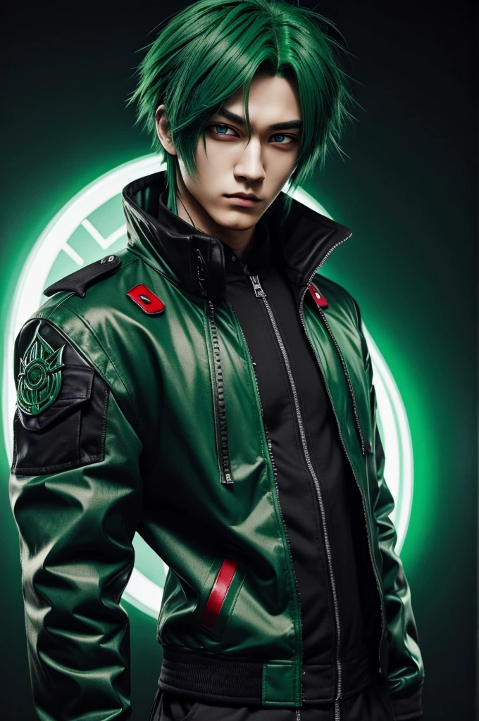 green haired man、Green hair with black and green mesh on the left、Red eyes、Drooping eyes、Black jacket、The edge of the jacket pocket is light blue.、Ahegao、anime
