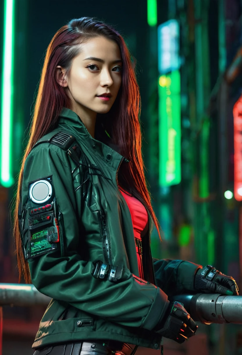 Beautiful girl small tits, wear a sturdy jacket, Longhaire, machine arm in a cyberpunk night scene, green red cyberpunk backdrop