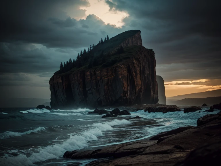 a dramatic cliff with 1000 intricate dents, dark horror atmosphere, dramatic lighting, moody colors, highly detailed, photorealistic, 8k, masterpiece