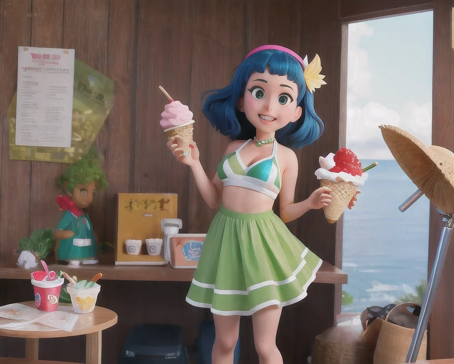 girl in a bikini eating an ice cream cone, eating ice cream, in a bikini, angela white, giorgia meloni, katy perry, in bikini, eating ice - cream, wearing spandex bikini, ice cream on the side, bikini, ice cream, wearing a bikini, candid photo of dirty, shiny plastic bikini, candid shot, cone, 1 girl, solo,in a green dress standing by a wall,portrait of female idol