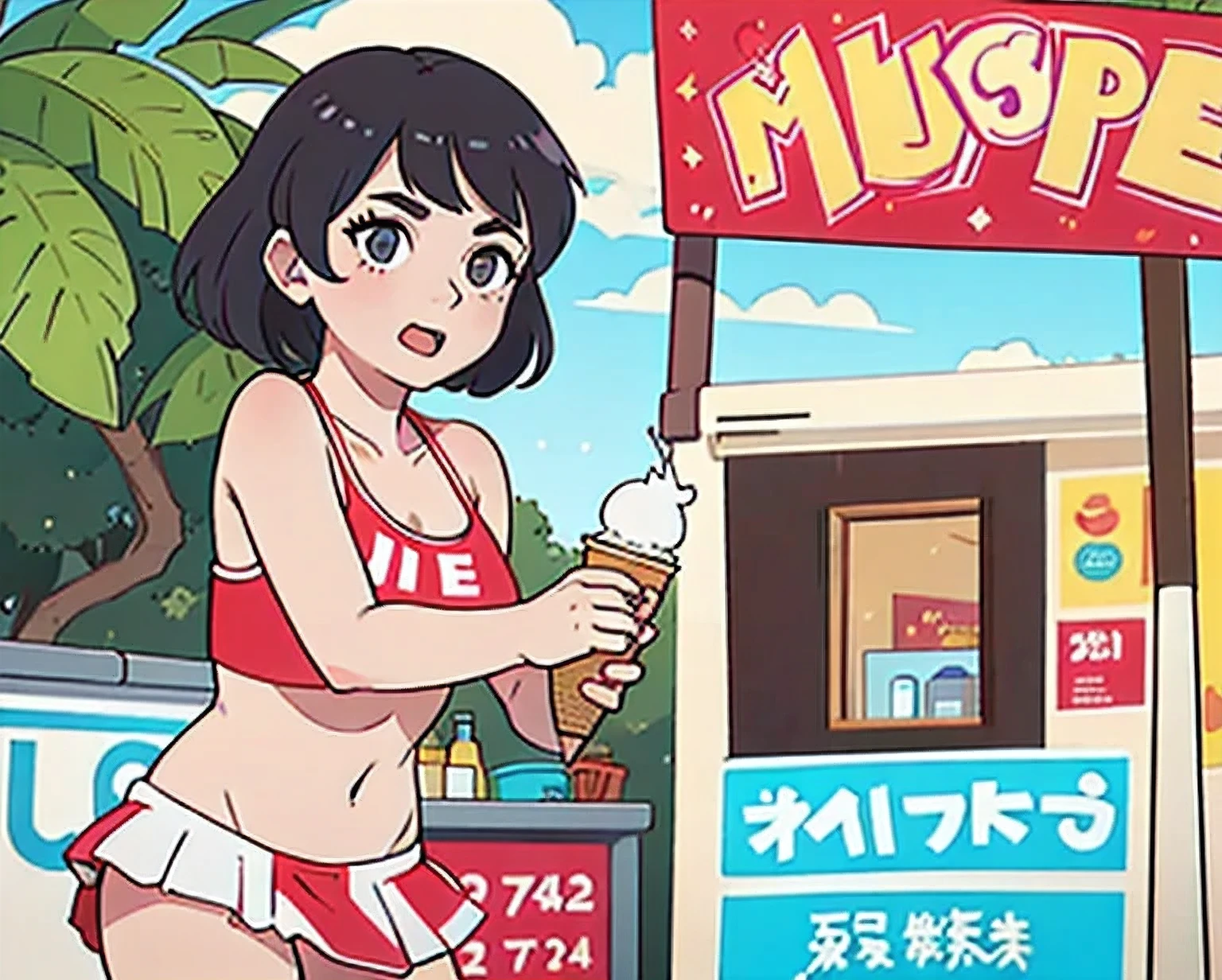 girl in a bikini eating an ice cream cone, eating ice cream, in a bikini, angela white, giorgia meloni, katy perry, in bikini, eating ice - cream, wearing spandex bikini, ice cream on the side, bikini, ice cream, wearing a bikini, candid photo of dirty, shiny plastic bikini, candid shot, cone, 1 girl, solo,in a green dress standing by a wall,portrait of female idol