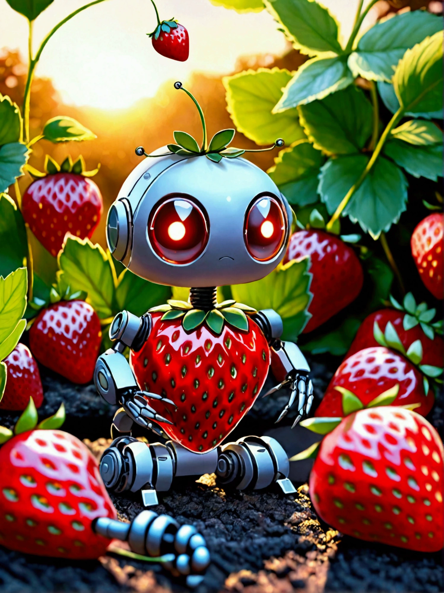Visualize a tiny robot exhibiting the characteristics of a strawberry. It features shades of rich, intense red and is equipped with minuscule seed-like sensors. The robot's body is shaped to mimic a plump, succulent strawberry, having a round and gently heart-shaped structure. The limbs of the robot are rounded at the ends and flexible, intending to look like the green foliage and stem that accompany a strawberry. It possesses 'eyes' that glow with a gentle, warm light that mirrors the colours of a setting sun radiating off a fresh strawberry. Its function is aligned with the purpose of triggering happiness, akin to the delightful flavor of the fruit it represents. This image should not contain any forms of text.