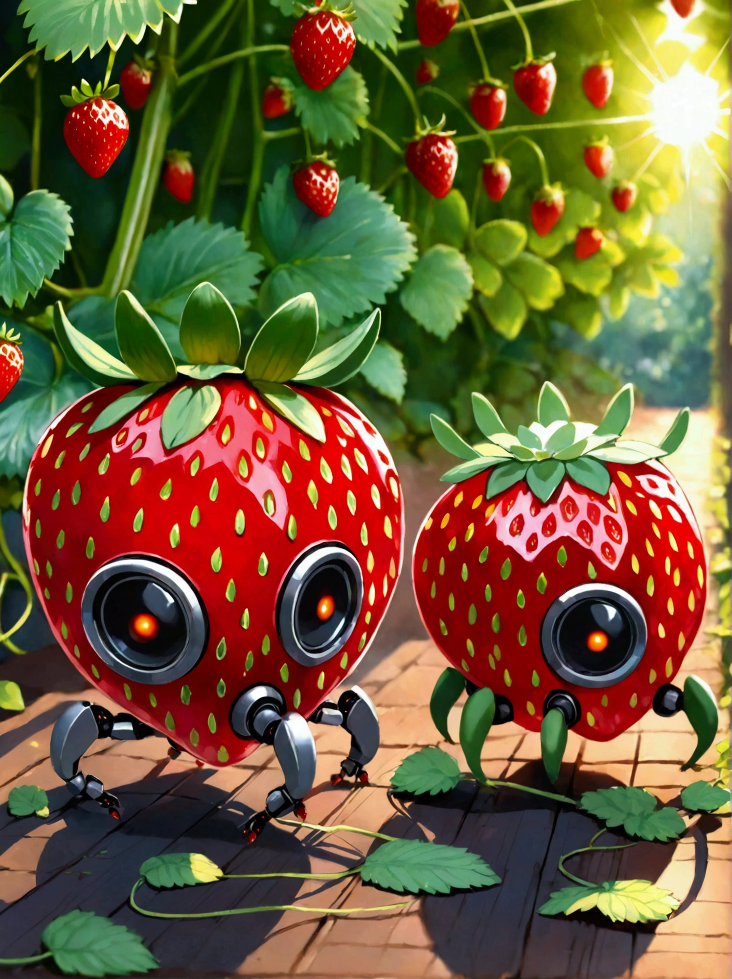 Visualize a tiny robot exhibiting the characteristics of a strawberry. It features shades of rich, intense red and is equipped with minuscule seed-like sensors. The robot's body is shaped to mimic a plump, succulent strawberry, having a round and gently heart-shaped structure. The limbs of the robot are rounded at the ends and flexible, intending to look like the green foliage and stem that accompany a strawberry. It possesses 'eyes' that glow with a gentle, warm light that mirrors the colours of a setting sun radiating off a fresh strawberry. Its function is aligned with the purpose of triggering happiness, akin to the delightful flavor of the fruit it represents. This image should not contain any forms of text.