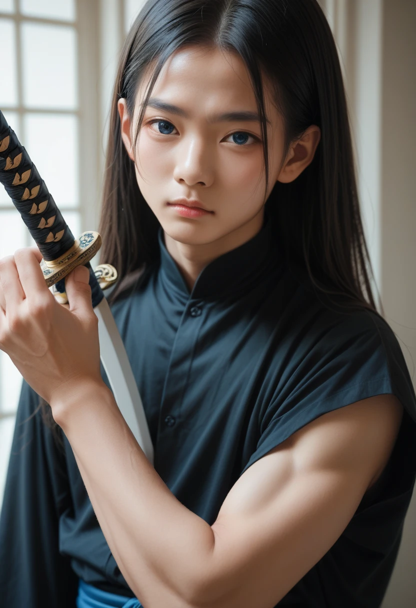 A young Asian man holding a katana, long black hair with blue tips, black dress and blue eyes.