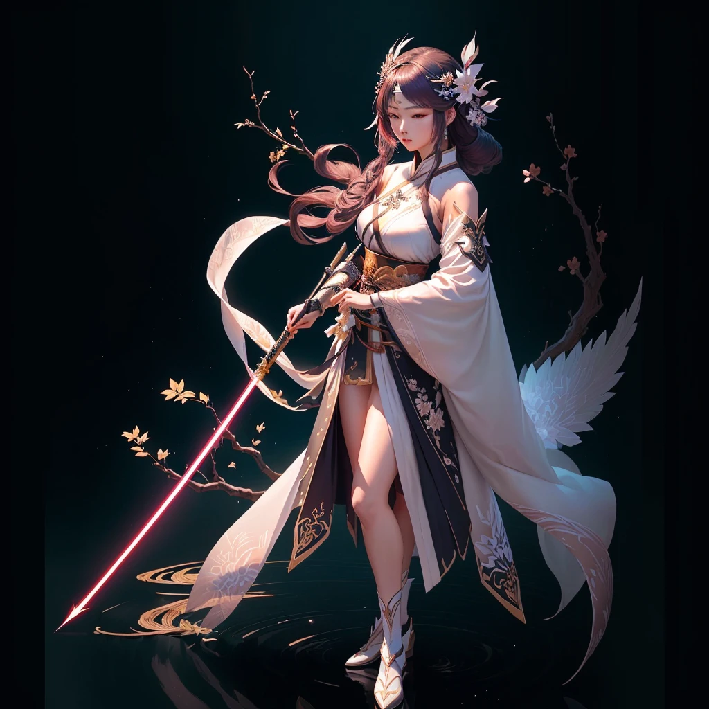 A man holding a longbow、Bow and Arrow,Close-up of woman in dress, Katana Zero Video Game Character, heise jinyao, Full body martial arts, Full body fairy, xianxia hero, Inspired by trees, Onmyoji detailed art, Inspired by cold plum, G Liulian art style, Holding a lightsaber. Ink Art
