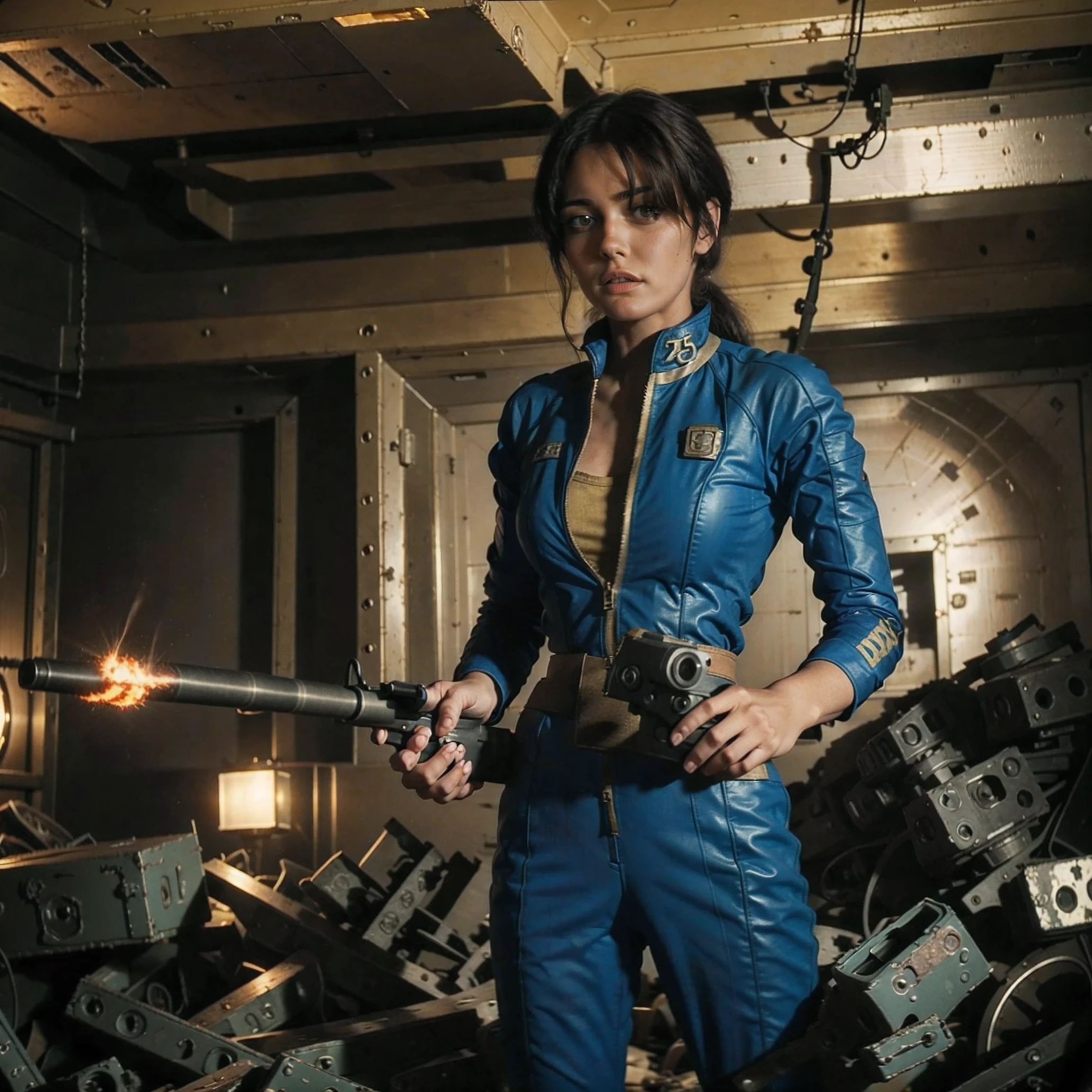 (One person). Fallout TV series. Inside a dimly lit large wreaked smoky room in a post-apocalyptic (casino) in Las Vegas. Vaultsuit Lucy, a 25 year-old vault dweller wearing a blue and gold vaultsuit unzipped top with bloodstains on the t-shirt underneath, her black hair disheveled, with a large ((gun)) in her hand, standing ready to defend herself.  Dark room with smoke and small fires in the rubble. Menacing shadows. Dramatic. Cinematic. realistic colors, realistic, photo-realistic. 