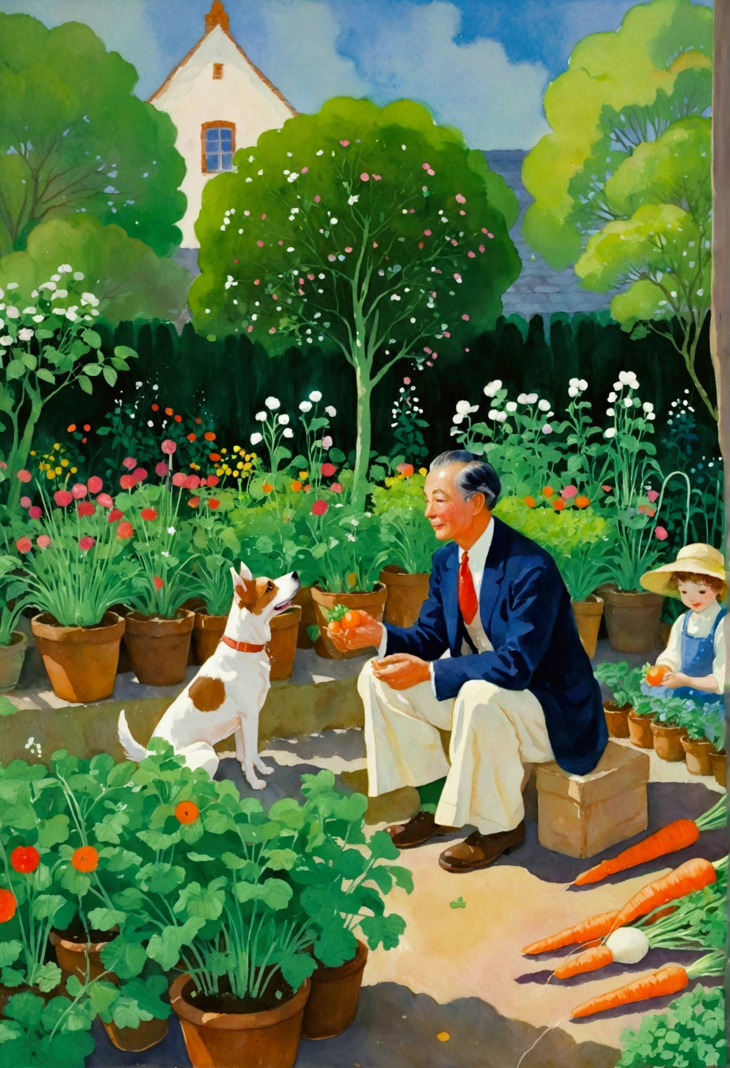 painting of a man and a dog in a garden with carrots, in the garden, by Nancy Graves, gardening, in garden, full color illustration, sitting in the garden, by Mary Davis, in a garden, by Dorothy Hood, by Edith Edmonds, by Carol Bove, by Janet Archer, illustration!, by Doris Blair, by Fujishima Takeji