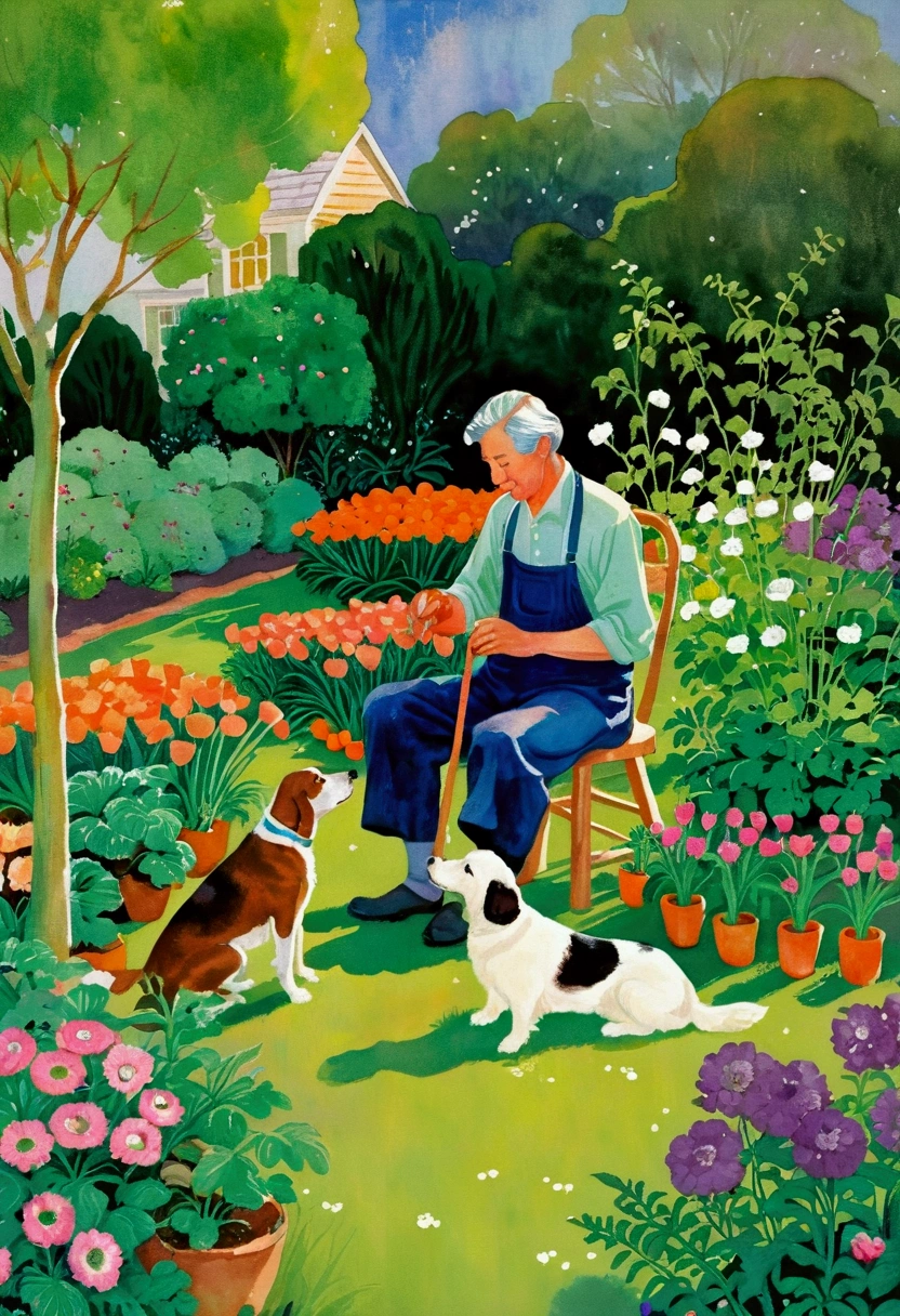 painting of a man and a dog in a garden with carrots, in the garden, by Nancy Graves, gardening, in garden, full color illustration, sitting in the garden, by Mary Davis, in a garden, by Dorothy Hood, by Edith Edmonds, by Carol Bove, by Janet Archer, illustration!, by Doris Blair, by Fujishima Takeji
