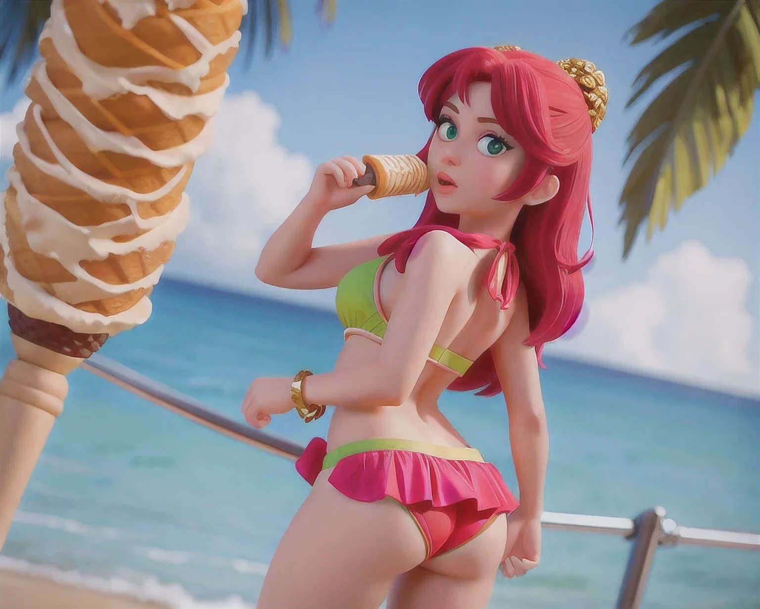 girl in a bikini eating an ice cream cone, eating ice cream, in a bikini, angela white, giorgia meloni, katy perry, in bikini, eating ice - cream, wearing spandex bikini, ice cream on the side, bikini, ice cream, wearing a bikini, candid photo of dirty, shiny plastic bikini, candid shot, cone, 1 girl, solo,in a green dress standing by a wall,portrait of female idol