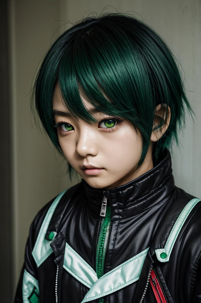 緑髪のjuvenile、Green hair with black and green mesh on the left、Red eyes、Drooping eyes、Black jacket、The edge of the jacket pocket is light blue.、Ahegao、anime、Loose、I'm sleeping.、cute、juvenile