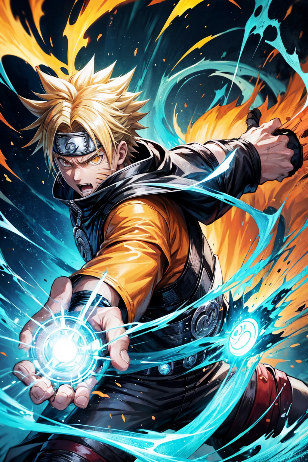 Create an image featuring Naruto Uzumaki from Naruto, performing his signature Rasengan attack. He should be in a dynamic pose, with his arm extended and the swirling blue energy of the Rasengan glowing brightly in his hand. His expression should be fierce and determined, capturing his fighting spirit. The background should show a battle-scarred landscape, with dust and debris adding to the action-packed atmosphere.