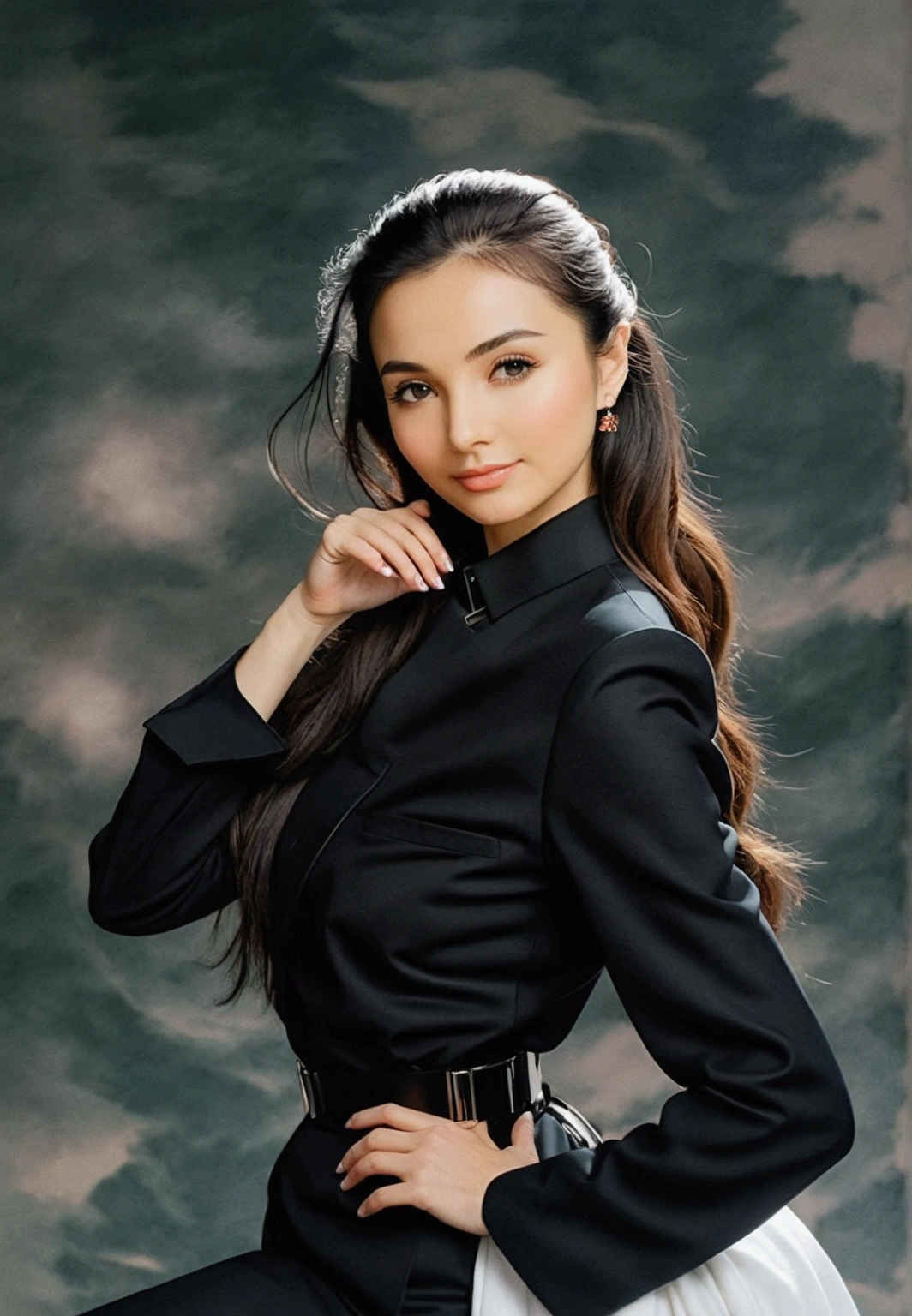Lin Waner,A head of long black hair hanging straight down to her buttocks,A white cloth,looks very beautiful。