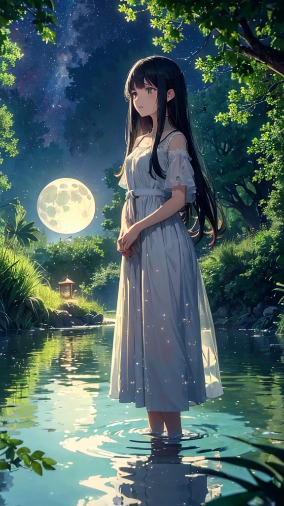 (masterpiece:1.5), best quality, very aesthetic, absurdres, anime style, 1girl, female, 17 years old, long black hair, hair gently blowing in the wind, calm and serene expression, white dress, standing by the lakeside, looking at the full moon reflected in the water, small fairy, glowing and flying around, smiling, flying near the girl's feet, tranquil lakeside, dense green trees, starry night sky, full moonlight reflecting on the lake, mystical and dreamlike scene, sharp focus on subjects, soft light and shadows, enchanting atmosphere, vivid colors, floating lanterns, bioluminescent plants, random twinkling lights, unexpected animal silhouettes in the background
