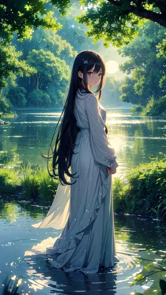 (masterpiece:1.5), best quality, very aesthetic, absurdres, anime style, 1girl, female, 17 years old, long black hair, hair gently blowing in the wind, calm and serene expression, white dress, standing by the lakeside, looking at the full moon reflected in the water, small fairy, glowing and flying around, smiling, flying near the girl's feet, tranquil lakeside, dense green trees, starry night sky, full moonlight reflecting on the lake, mystical and dreamlike scene, sharp focus on subjects, soft light and shadows, enchanting atmosphere, vivid colors, floating lanterns, bioluminescent plants, random twinkling lights, unexpected animal silhouettes in the background
