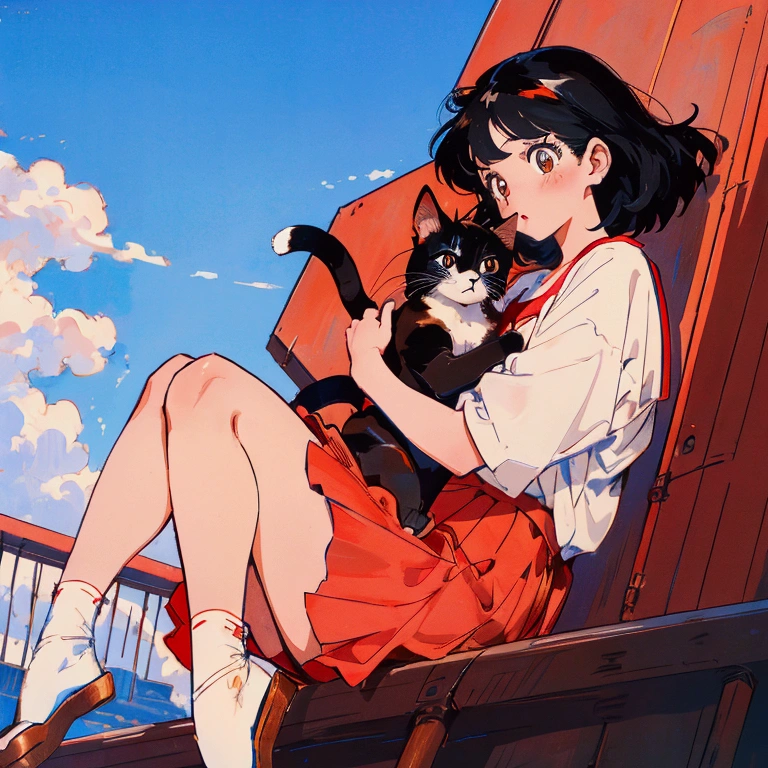 a girl, black hair,big red bow, big brown eyes, blue sky background, a cat in arms, Osamu Tezuka, high resolution, the best quality, 8k