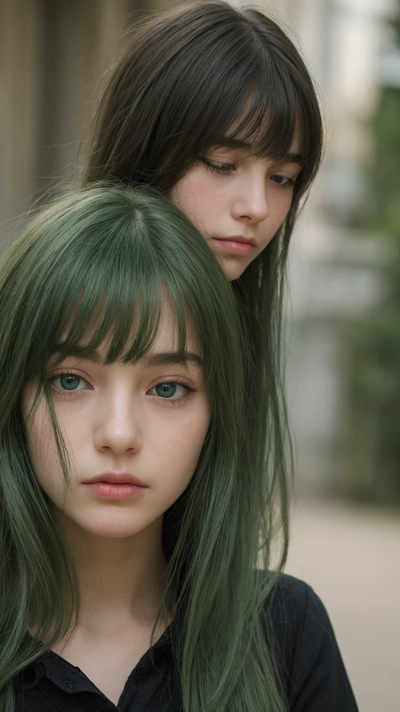 a girl. Europe. Extremely detailed face. Oval face. delicate facial features. half-closed eyes. long straight hair. messy hair. bangs. green hair. green eyes. afraid. Sad. shy. straight face