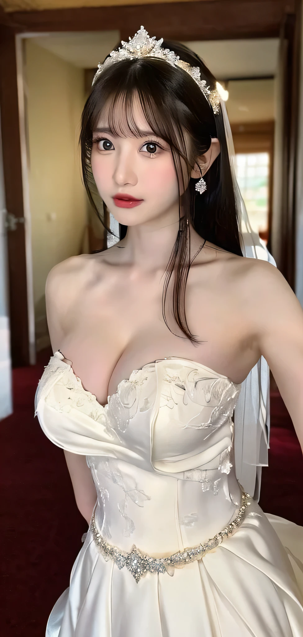 ((RAW images)),(Tabletop),(Highest quality, Realistic, In detail, High resolution, 8k wallpaper),(Super Detail),((Very delicate and beautiful)),Focus on the characters,Dynamic Angle,View your viewers,((alone)),Are standing,((whole body)),((A princess wearing a gorgeous ball gown wedding dress with a voluminous skirt)),((June Bride)),Detailed face and eyes,Jewel-like eyes,((Very long and voluminous hair)),Gorgeous embroidery and lace,((Gorgeous corsage)),See through,(Gorgeous Jewelry Ornaments),Luxury hair accessories,Gorgeous jeweled tiara,Gorgeous frills,((Big Tits)),indoor,Church wedding,((whole body)),Hoop skirt,crinoline,very long wedding veil,(((A mix of bejeweled wedding dresses and lavishly embroidered Rococo ball gowns))), (((Very large breasts bigger than a face))), ((Beautiful golden ratio face))