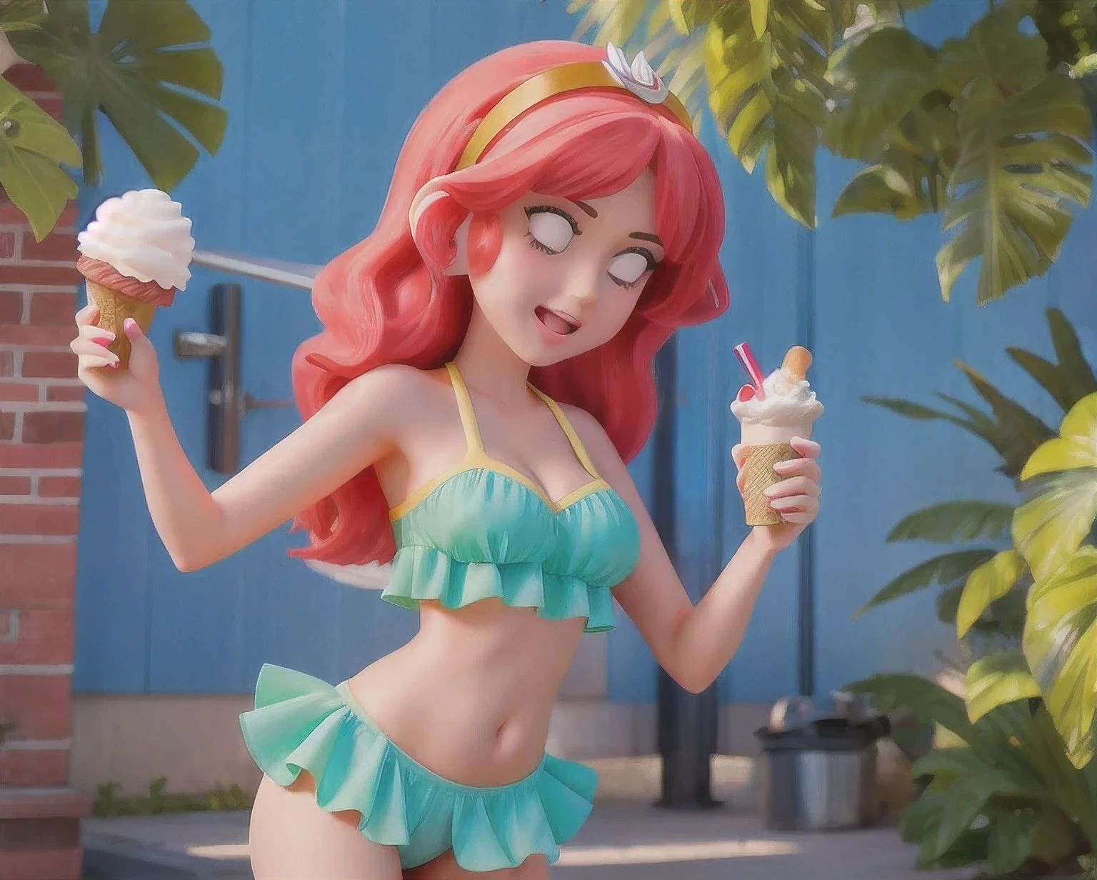 girl in a bikini eating an ice cream cone, eating ice cream, in a bikini, angela white, giorgia meloni, katy perry, in bikini, eating ice - cream, wearing spandex bikini, ice cream on the side, bikini, ice cream, wearing a bikini, candid photo of dirty, shiny plastic bikini, candid shot, cone, 1 girl, solo，in a green dress standing by a wall,portrait of female idol