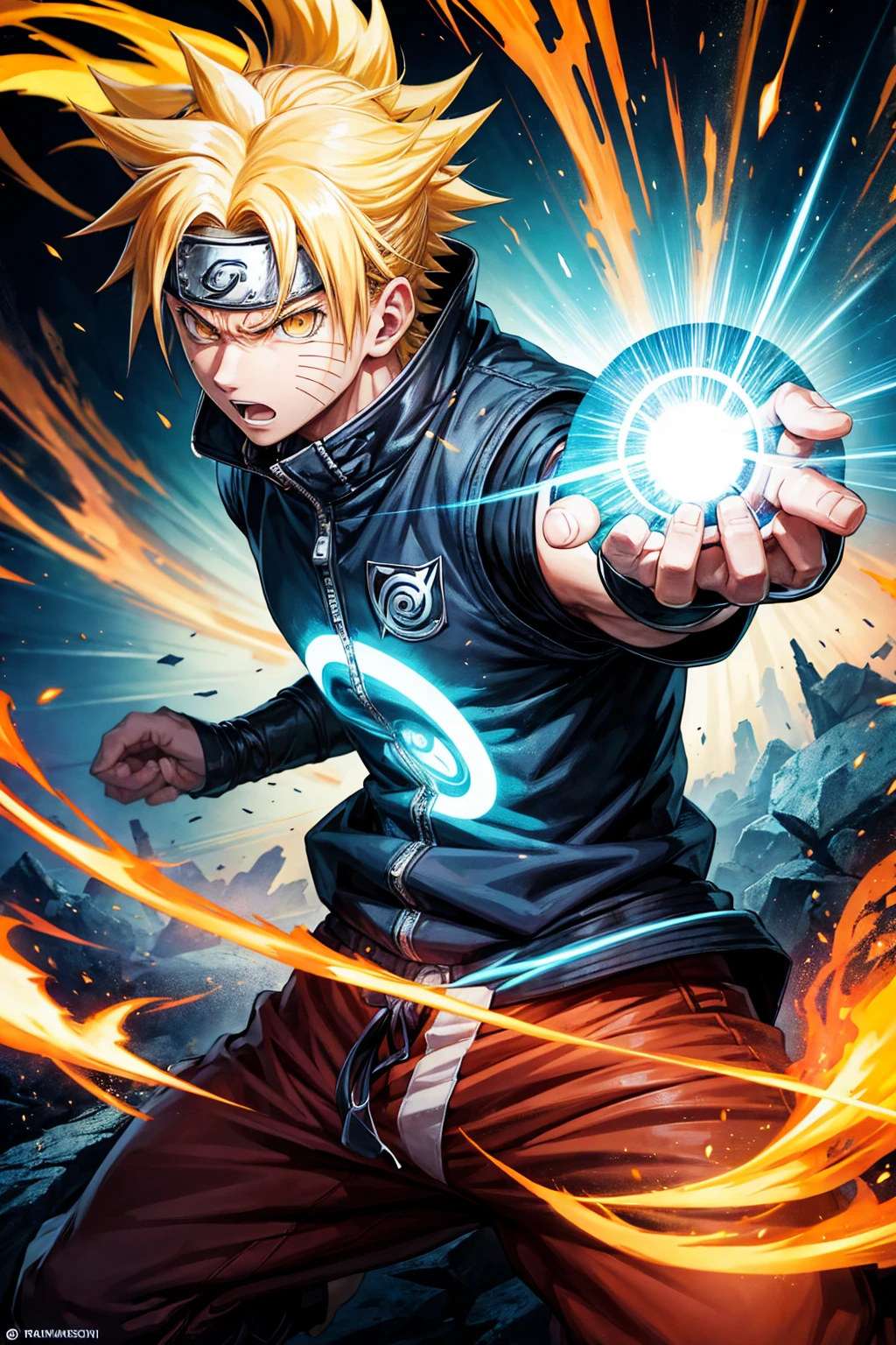 Create an image featuring Naruto Uzumaki from Naruto, performing his signature Rasengan attack. He should be in a dynamic pose, with his arm extended and the swirling blue energy of the Rasengan glowing brightly in his hand. His expression should be fierce and determined, capturing his fighting spirit. The background should show a battle-scarred landscape, with dust and debris adding to the action-packed atmosphere.