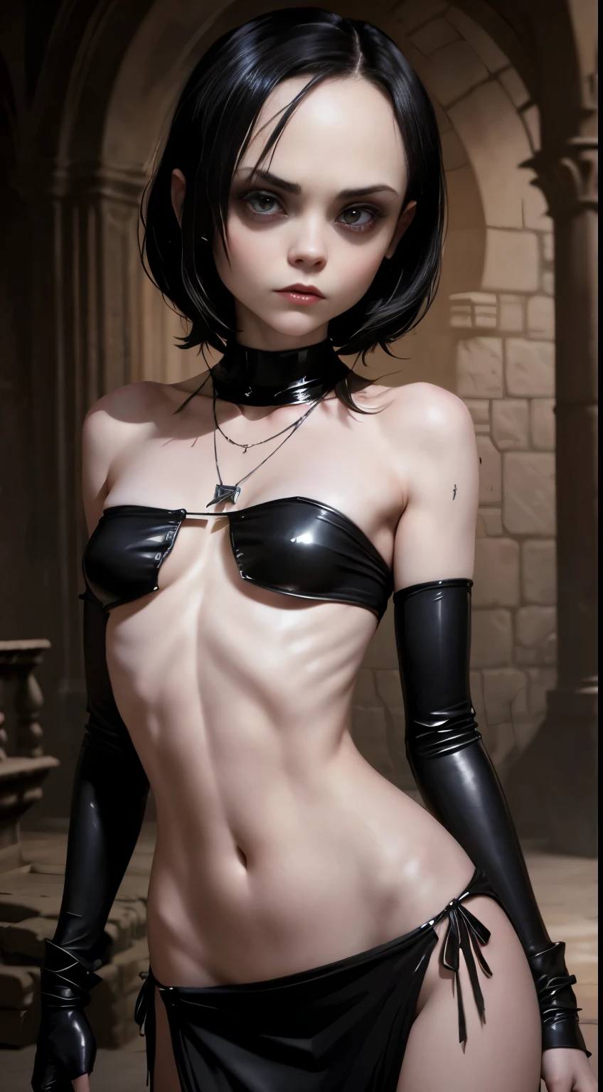 Erica、Pokémon、Black Hair、Short Hair、((Black Panties))、Photo from below、Medium chest、Jail、One girl、((Thigh-high boots))、(Long gloves)、(first round)、(Chained)、Topless、Kneeling