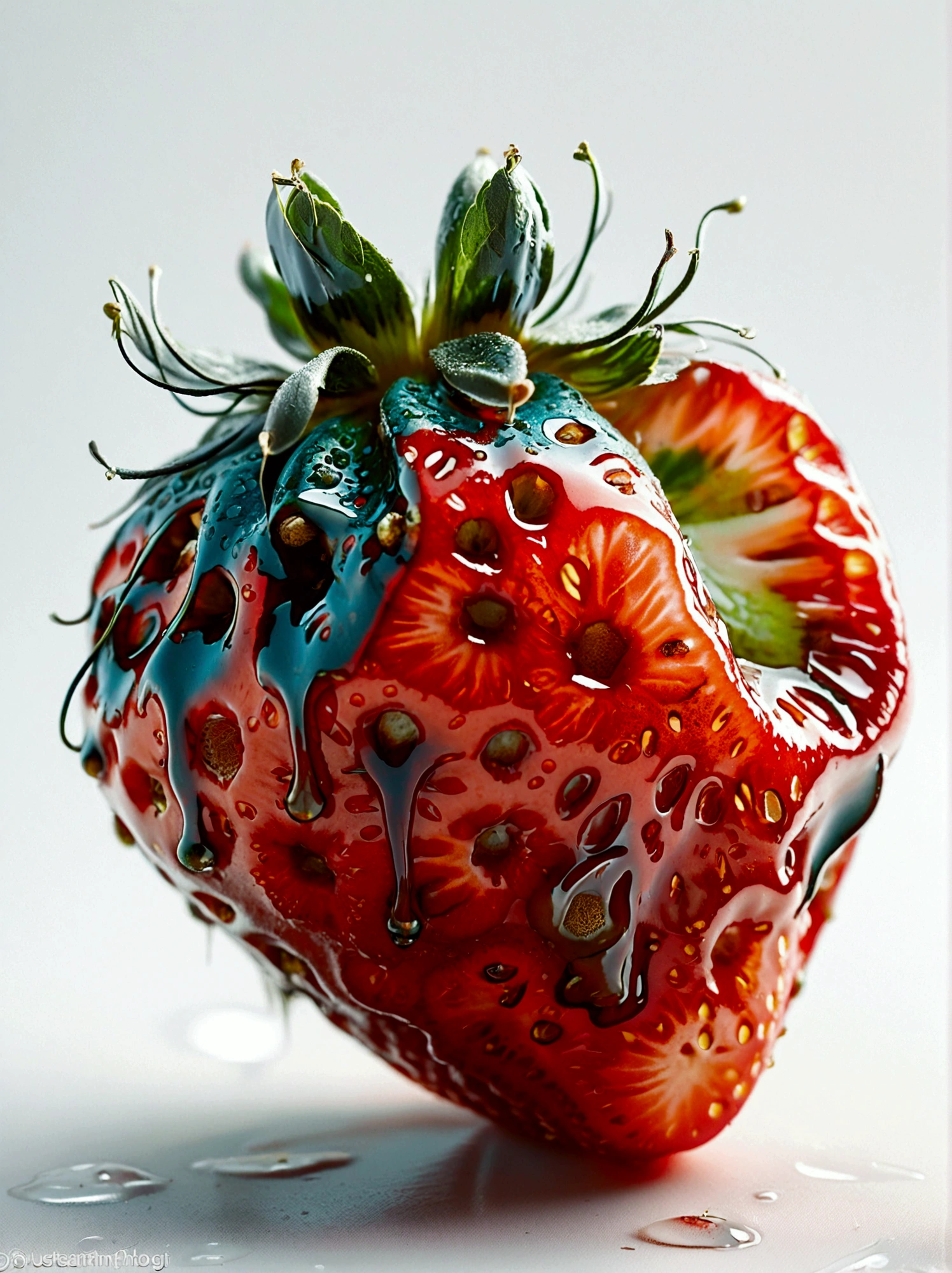 A close-up image of a single strawberry that has started to mold. The strawberry possesses an intense red color but patches of greenish-blue mold have begun to appear on its surface, contrasting sharply against the vibrant red of the fruit. It is set against a neutral white background, enhancing the attention towards the contrasting colors and textures of the ripe yet decaying fruit.