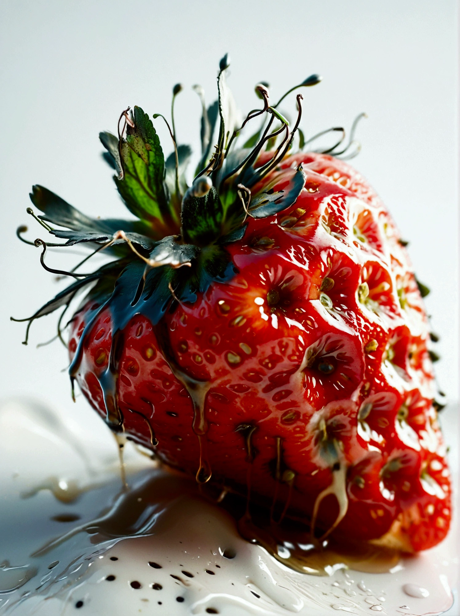 A close-up image of a single strawberry that has started to mold. The strawberry possesses an intense red color but patches of greenish-blue mold have begun to appear on its surface, contrasting sharply against the vibrant red of the fruit. It is set against a neutral white background, enhancing the attention towards the contrasting colors and textures of the ripe yet decaying fruit.