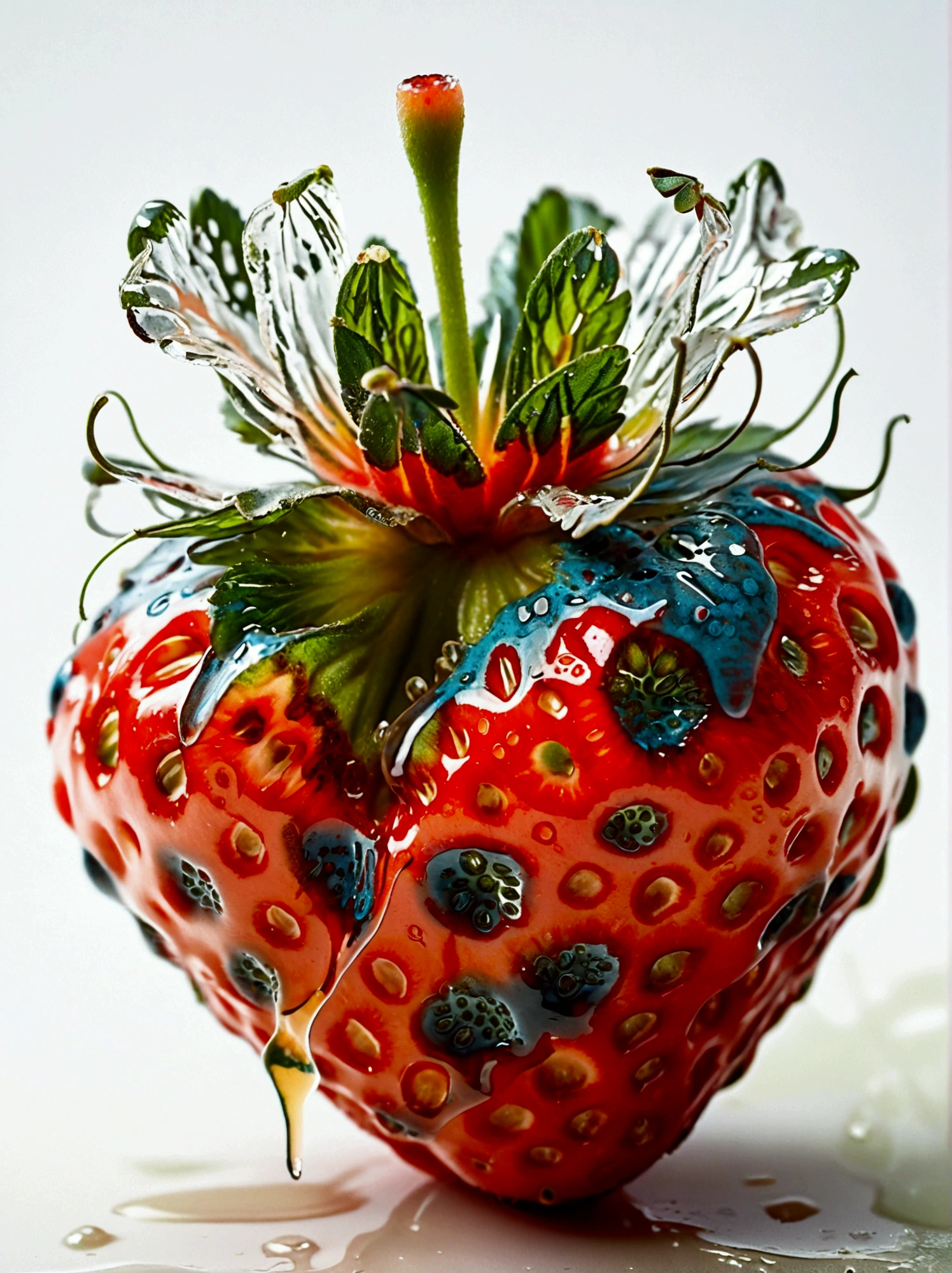 A close-up image of a single strawberry that has started to mold. The strawberry possesses an intense red color but patches of greenish-blue mold have begun to appear on its surface, contrasting sharply against the vibrant red of the fruit. It is set against a neutral white background, enhancing the attention towards the contrasting colors and textures of the ripe yet decaying fruit.