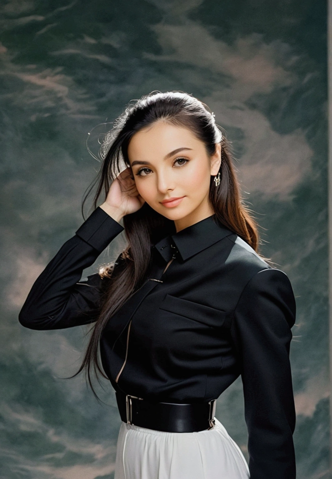 Lin Waner，A head of long black hair hanging straight down to her buttocks，A white cloth，looks very beautiful。