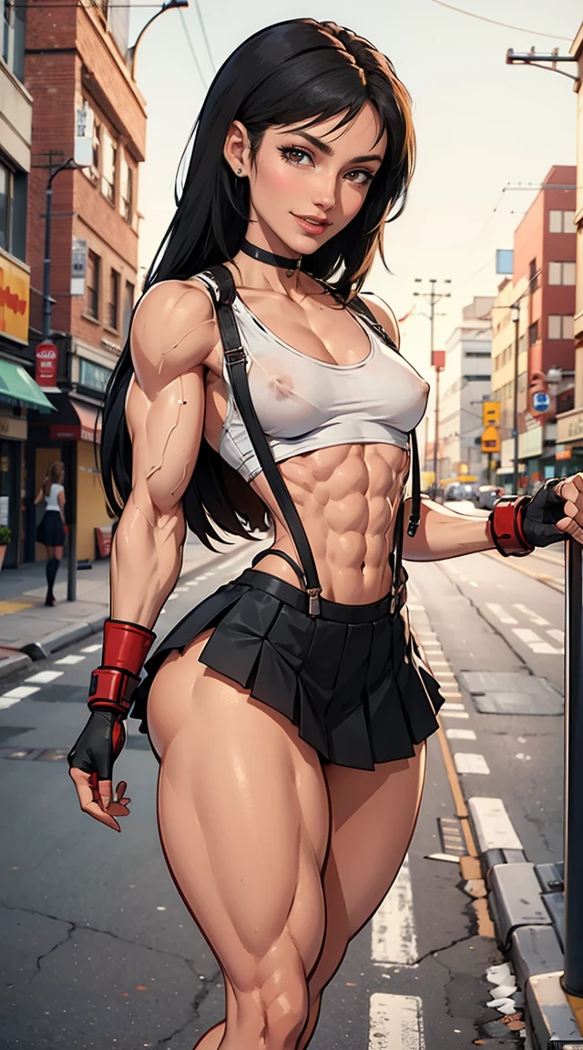 (muscular:1.8), (thick thighs:1.8),
tifa lockhart, (big smile:1.6), (long black hair), red eyes,
eyeshadow, red lips,
(small breasts:2),
(choker, tanktop, midriff, fingerless gloves:1.4), (suspenders:1.3), (black pleated skirt:1.5),
looking at viewer, (three quarter view:1.3), cropped knees, (sexy pose:1.3),
(in the city), rim lighting, two tone lighting, dim lighting, bokeh, detailed skin, detailed eyes