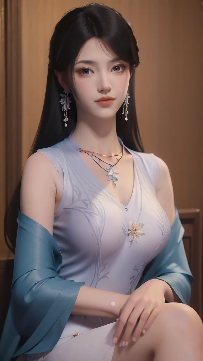 (masterpiece, best quality:1.5), 1 Girl, Solitary,
Black Hair, Long hair, jewelry, Lips, blue eyes, Smile, 
breast,
clavicle,
earrings,
flower,
Looking at the audience,
necklace,
White Dress,
Yuechan, 
sitting, Perfect lighting, Detailed Color, Facial details, 
 