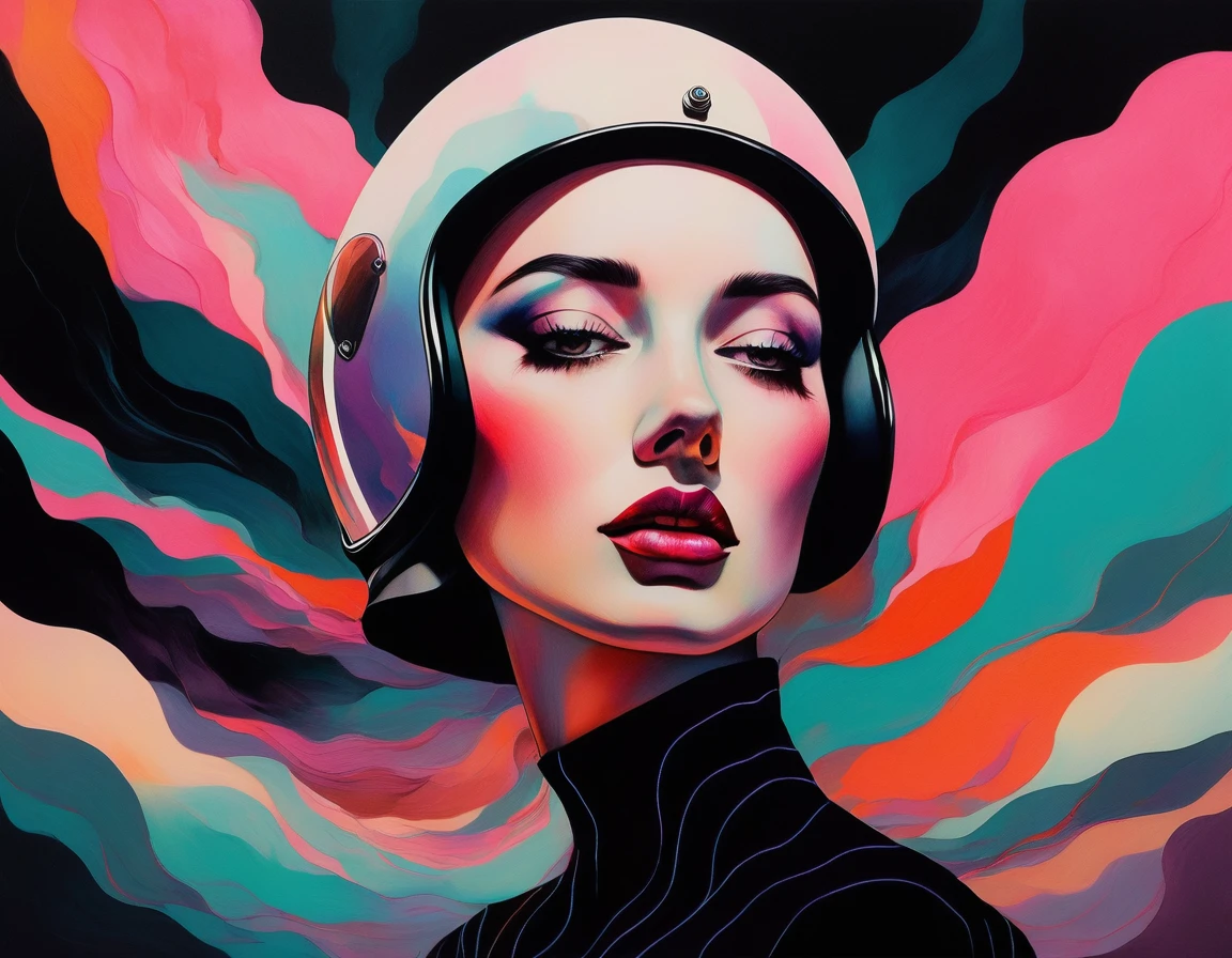 chiaroscuro technique on sensual illustration of an elegant woman, vintage ,silky eerie, matte painting, by Hannah Dale, by Harumi Hironaka, extremely soft colors, vibrant, pastel, highly detailed, digital artwork, high contrast, dramatic, refined, tonal, golden ratio wearing in her head a enduro helmet with gloss effect