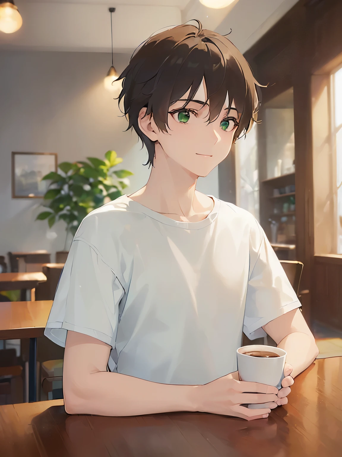 (looking away:1.5), shiny skin, masterpiece、Highest quality、(25-year-old male:1.5) and (Brown short hair) and (Green Eyes), BREAK (White T-shirt) BREAK、Are standing、smile、The background is the interior of a cafe、(Alone:1.5)、Upper body is shown、