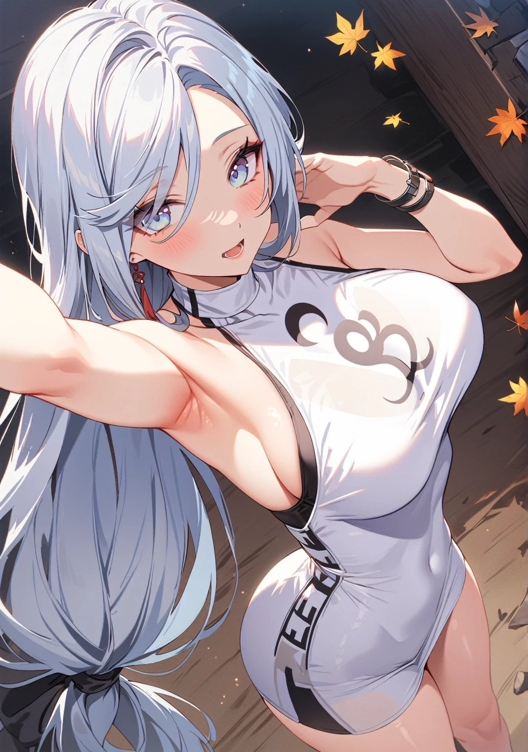 score_9, score_8_above, Maximum resolution 8K, (masterpiece), Very detailed, Professional, large breasts, 1 girl, Alone, solo, BREAK Shenhe, Genshin impact, white hair, long hair, original hair style, silver eyes, \(CLOTHES\), alternate costume, High neck sports top, light blue top, sleeveless, bracelet, low rise leggings, white leggings, sports shoes, beautiful legs, armpits, bewitching thighs, gleaming, skin-tight, shiny skin, chest outline, sharp focus, \(BREAK\), surprised, open mouth, standing, shot from above, looking at viewer, \(PLACE\), in a forest with fallen leaves piling up on the ground