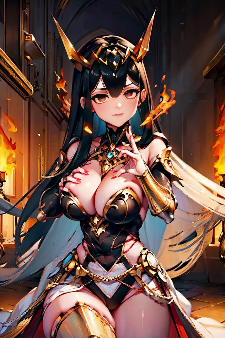 black hair, bare shoulder, red eyes, very long hair, cleavage, large breasts, dress, showgirl skirt, high-leg, cleavage cutout, tiara, bare thighs, gauntlets, bare shoulder, (((extremely detailed hands and fingers, ultra detailed hands and fingers, super detailed hands and fingers, perfect female hands and fingers, biologically accurate hands and fingers, 5 fingers accurate hands and fingers, beautiful hands and fingers, hands and fingers drawing, human hand and fingers, perfect arrangement of fingers))), adult face, fearless face, both arms, two arms, both hands, two hands, super fine illustration, masterpiece, masterwork, by famous artist, official art, ultra high res, best quality, high quality, rouge, 