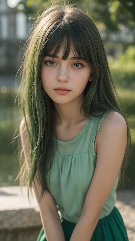 a girl. Europe. Extremely detailed face. Oval face. delicate facial features. half-closed eyes. long straight hair. messy hair. bangs. green hair. green eyes. afraid. Sad. shy. straight face