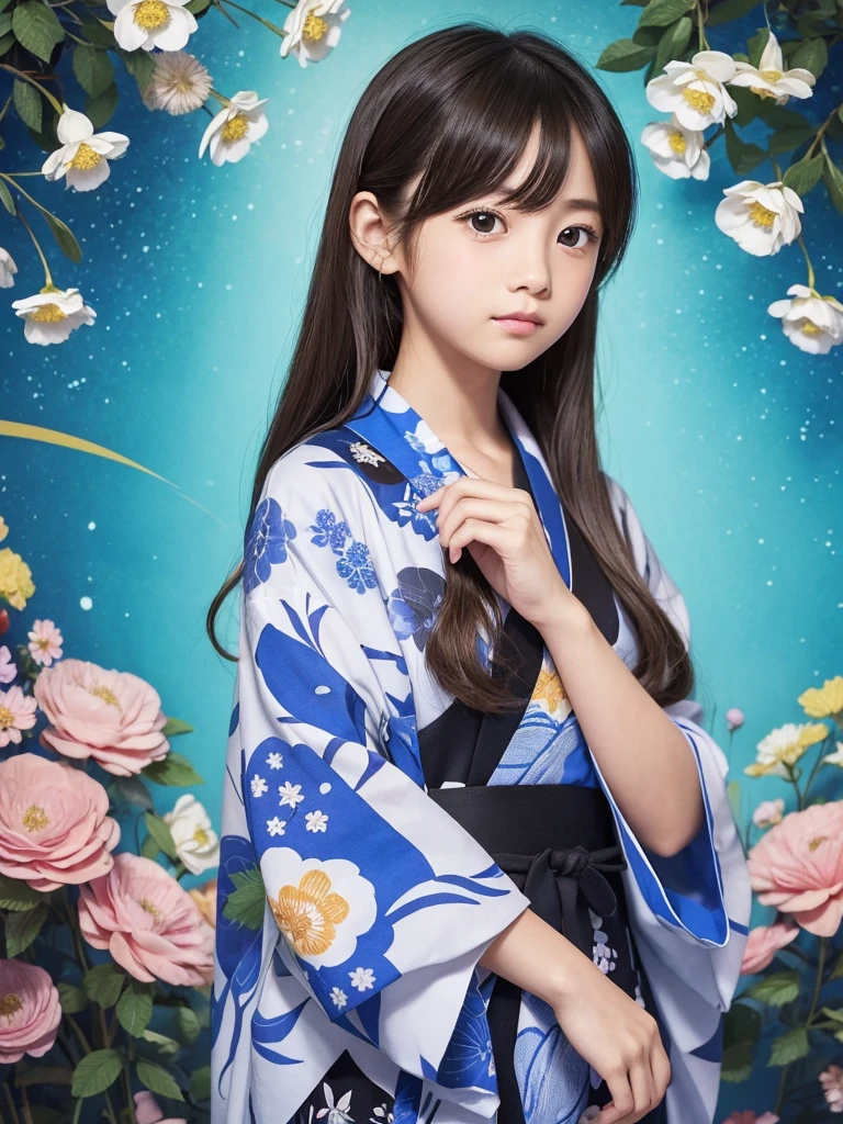 Anime illustration、masterpiece、high quality、girl、、A cute model、Hair is light brown、long hair2Tie up to one、Wear a yukata、His eyes are blue and there are sparkling stars in his pupils.、Black eyelashes、hand、feet、Accurate finger production、Background、Tōryanse、Background of the song、Tenjin、The surroundings、Around 20 windmills made from colored paper are lined up.、Drawings by famous illustrators、The feel of Kagami Jugoya's AI illustrations、