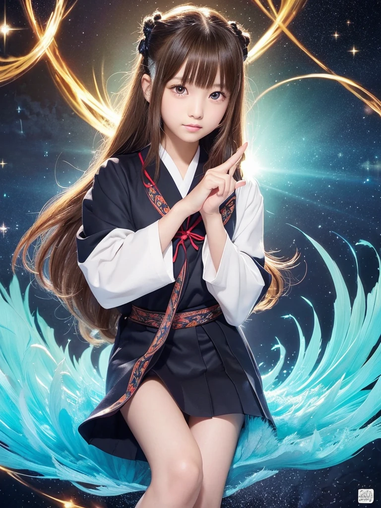 Anime illustration、masterpiece、high quality、girl、13 years old、A cute model、Hair is light brown、long hair2Tie up to one、Wear a yukata、His eyes are blue and there are sparkling stars in his pupils.、Black eyelashes、hand、feet、Accurate finger production、Background、Tōryanse、Background of the song、Tenjin、The surroundings、Around 20 windmills made from colored paper are lined up.、Drawings by famous illustrators、The feel of Kagami Jugoya's AI illustrations、