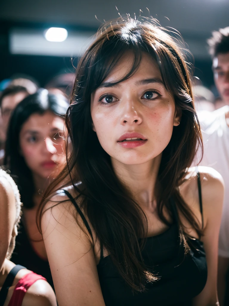 (Full shot:1.3), (best quality:1.4), 1girl, JAV, cute face, pink lace tanktop with long skirt, surrounded by very close crowded, emotional posing in the crowd lift, wavy hair, bangs, (hair blowing in the wind:1.2), (dramatic moment:1.3), (dynamic object:1.3), (kinetic motion:1.2), film looks, RAW photo, beauty shadow, neon light, (ambient lighting:1.3), detailed skin, detailed face and eyes, ultra highly detailed, surreal view, sharp focus, shot by zenit analog film, cinematic portrait by annie leibovitz, aesthetic photography in 2024, (candid:1.5)