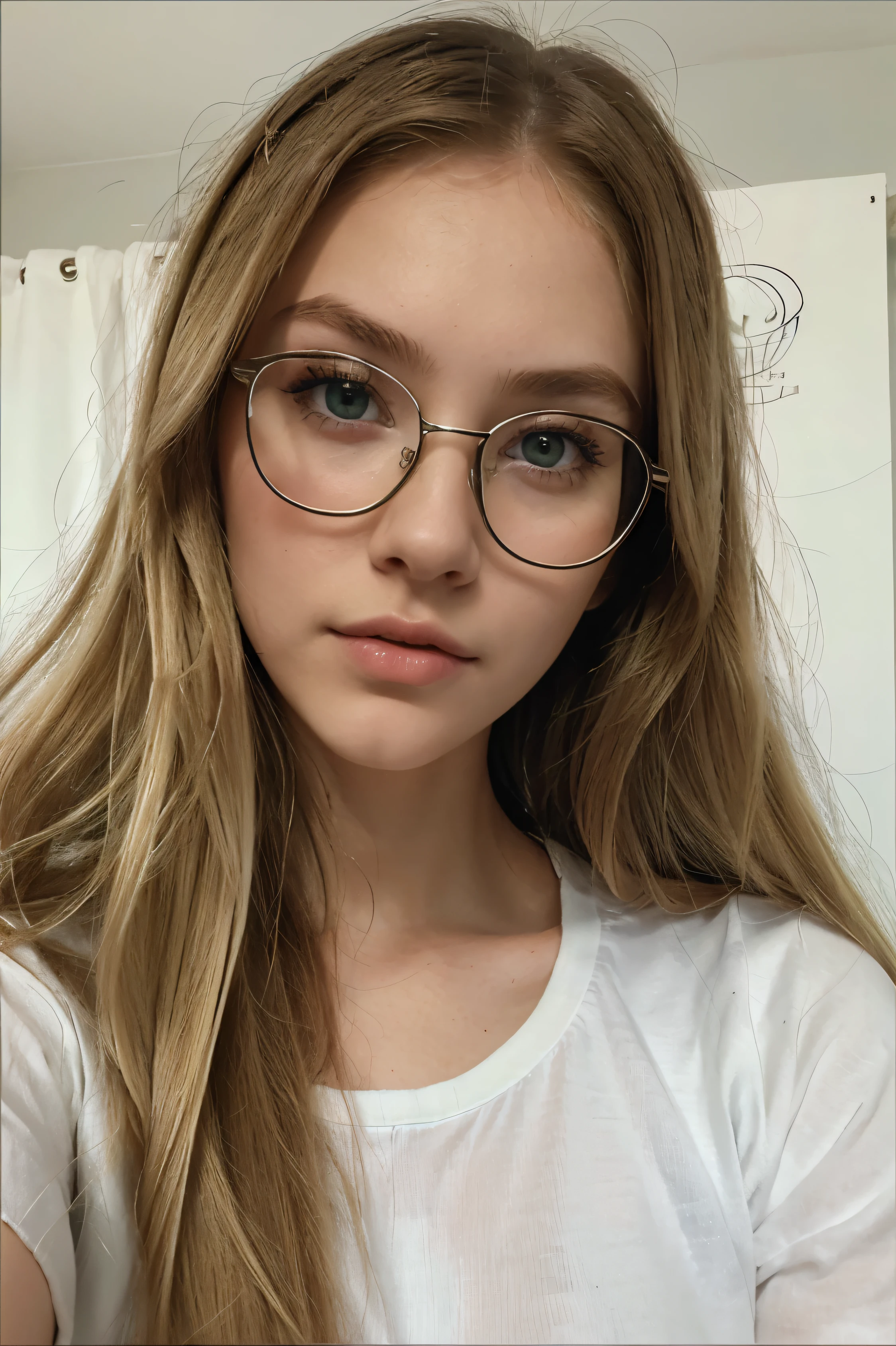 14 year old girl, long blond hair, green eyes, full lips, glasses, makeup, white top, jeans, close up.