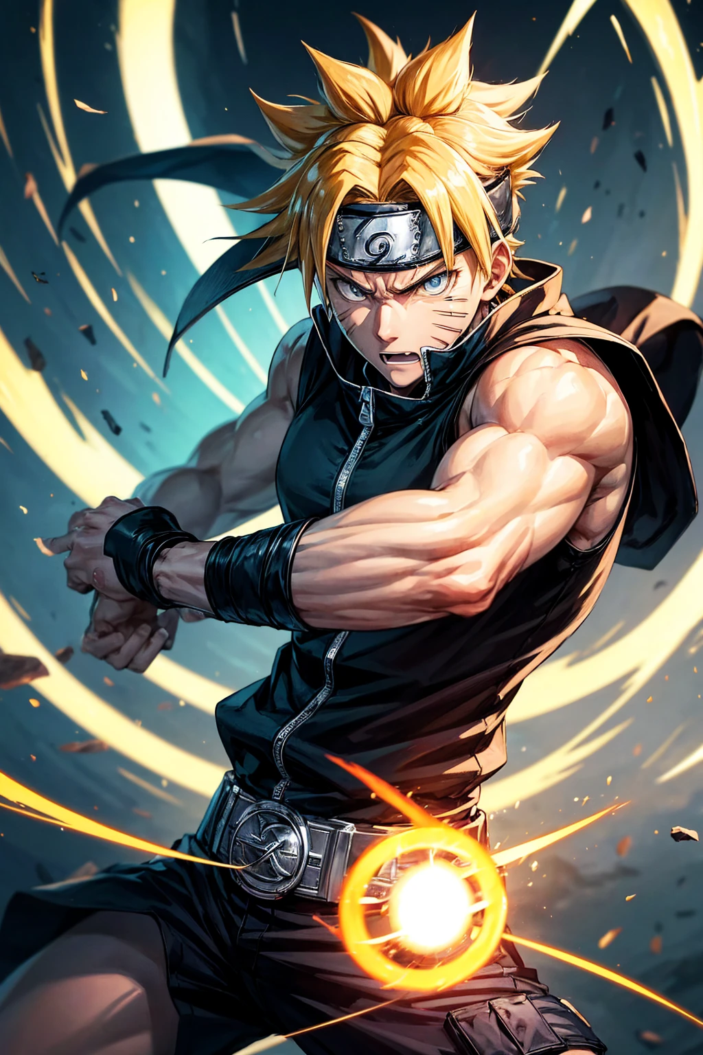 Create an image featuring Naruto Uzumaki from Naruto, performing his signature Rasengan attack. He should be in a dynamic pose, with his arm extended and the swirling blue energy of the Rasengan glowing brightly in his hand. His expression should be fierce and determined, capturing his fighting spirit. The background should show a battle-scarred landscape, with dust and debris adding to the action-packed atmosphere.