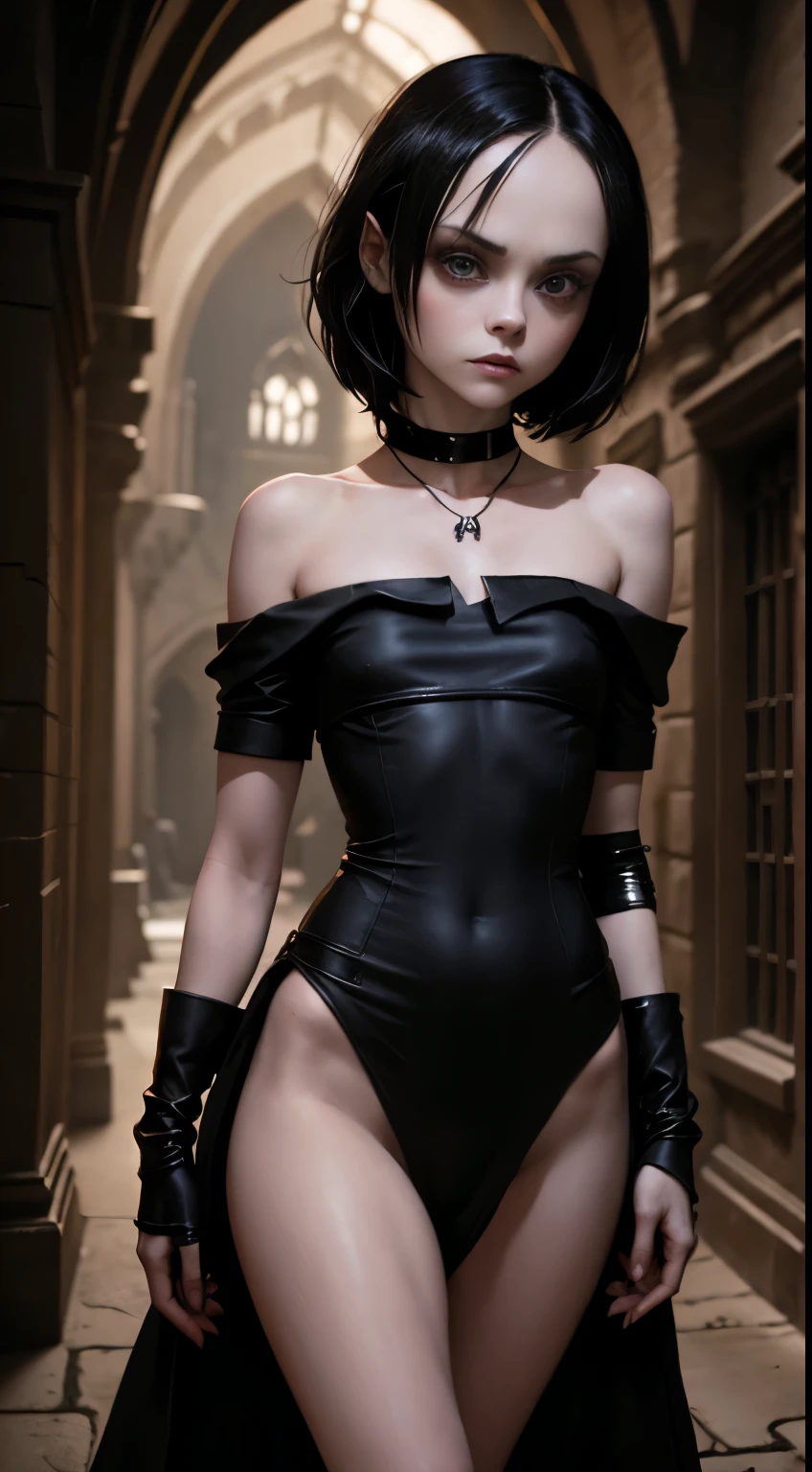 skinny slim rogue alone (((Christina Ricci))), ((She's in a castle)), Highly Detailed Face and Skin Texture, (((pale skin))), ((flatchest)), no breasts, pale complexion, ((("very black hair"))), cyberpunk ribbons, metal necklace, full body, piercing in the nose.