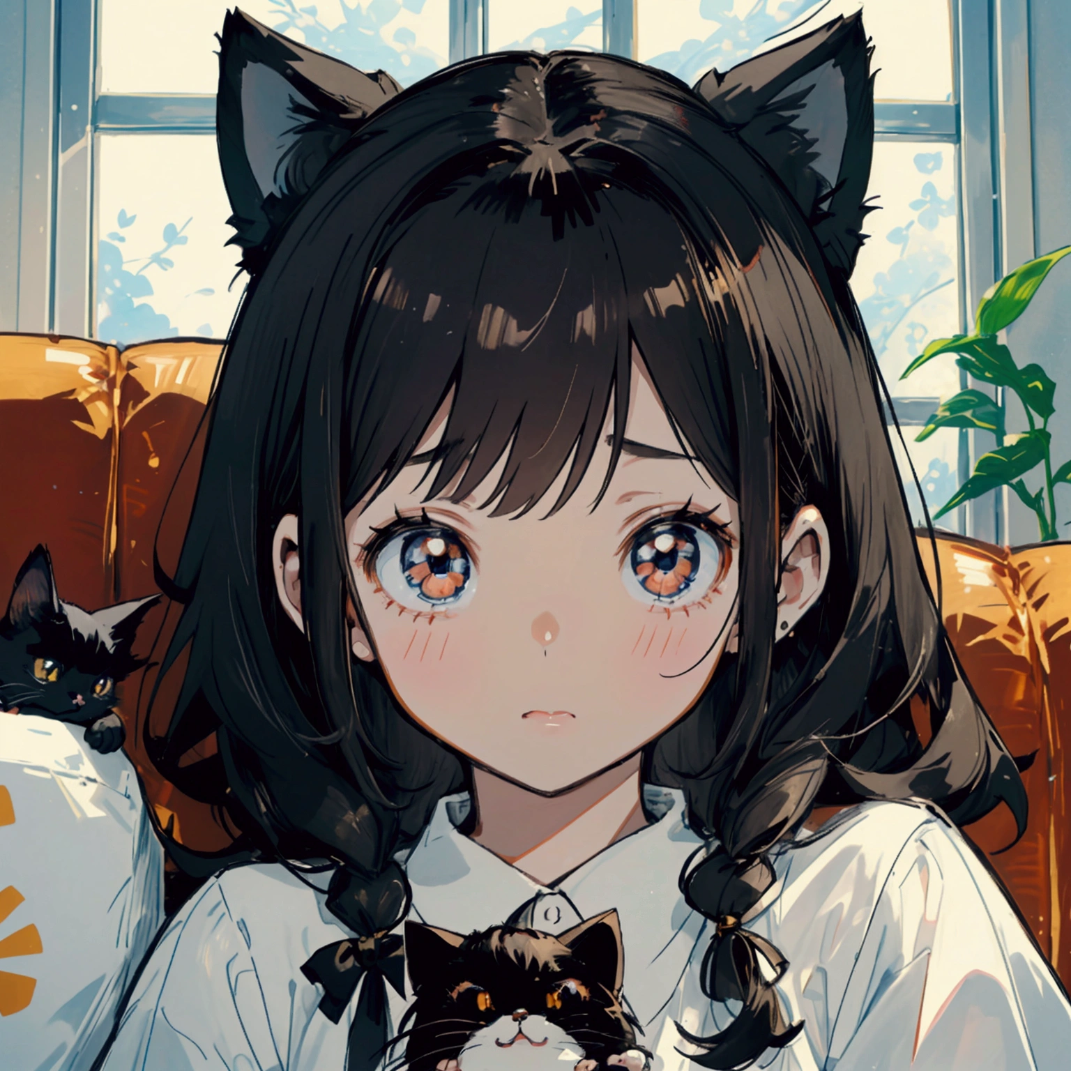 90s anime style,Cute  3 years old, round face,big eyes,Short black hair,Cute expression，There is a cute white and black kitten next to it,The girl wore a white dress，long hair，Bangs，There are big bows on the clothes,There is a little black cat next to him,一起拿着cell phone玩游戏,cell phone,sofa,Living room scene，sweet,Lovely modeling、Clarity、16K,Close-up details,Close-up of face,