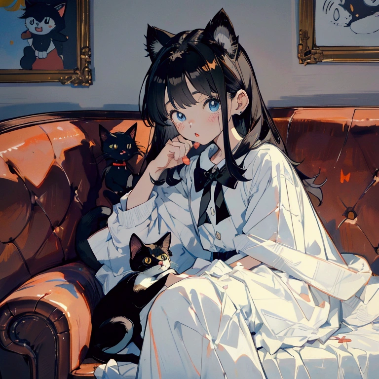 90s anime style,Cute little boy 3 years old,The boy's round face,big eyes,Short black hair,Cute expression,There is a cute white and black kitten next to it,The girl wore a white dress,long hair,Bangs,There are big bows on the clothes,There is a little black cat next to him,一起拿着cell phone玩游戏,cell phone,sofa,Living room scene,sweet,Lovely modeling、Clarity、16K,Close-up details,Close-up of face,