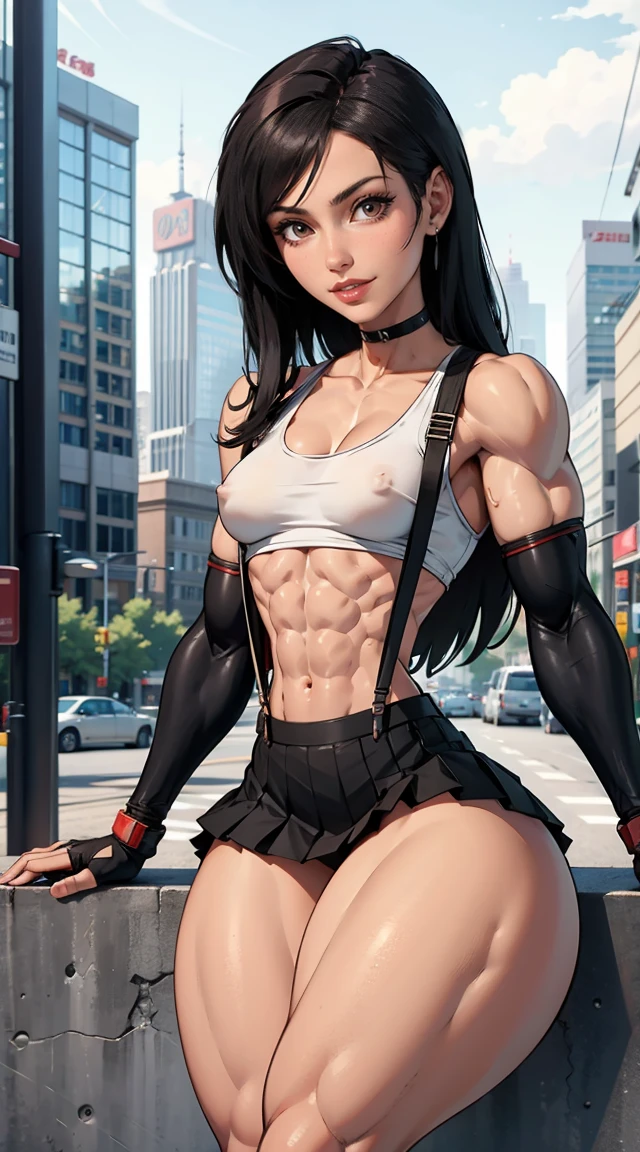 (muscular:1.8), (thick thighs:1.8),
tifa lockhart, (big smile:1.6), (long black hair), red eyes,
eyeshadow, red lips,
(small breasts:2),
(choker, tanktop, midriff, fingerless gloves:1.4), (suspenders:1.3), (black pleated skirt:1.5),
looking at viewer, (three quarter view:1.3), cropped knees, (sexy pose:1.3),
(in the city), rim lighting, two tone lighting, dim lighting, bokeh, detailed skin, detailed eyes